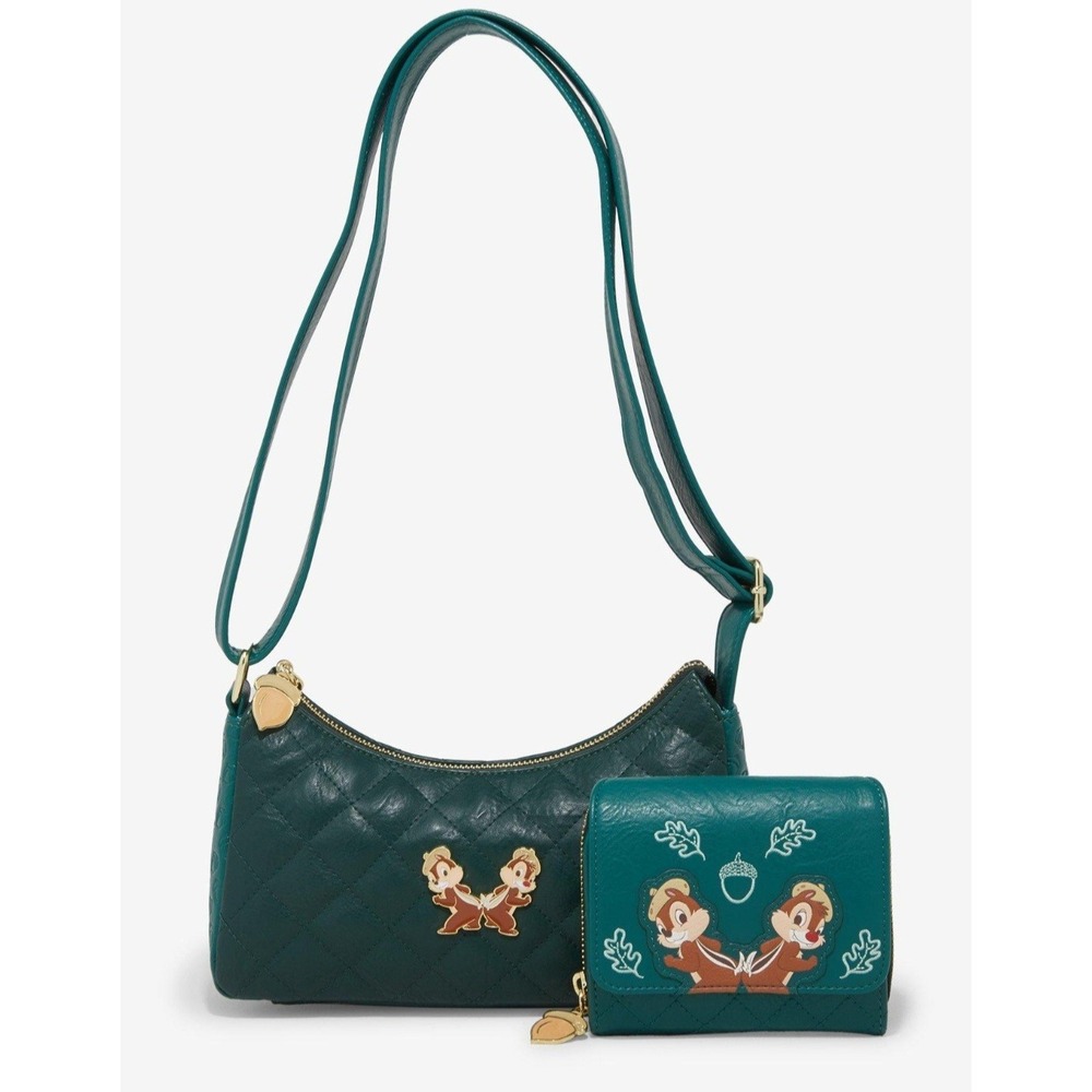 NWT Loungefly Disney Chip and Dale Forest Green‎ Quilted Crossbody Bag & WALLET!
